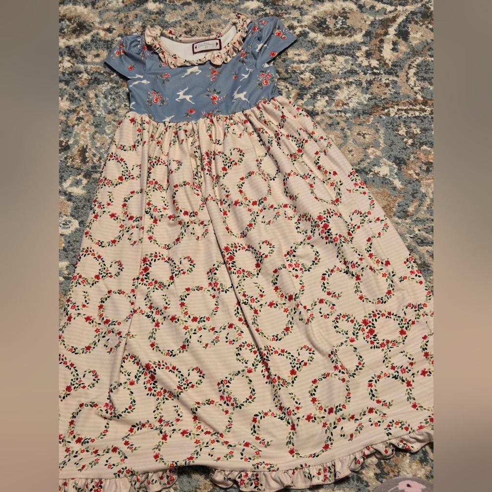 SweetHoney Girls Blue and Cream Floral Maxi Dress With Reindeers Size 4T